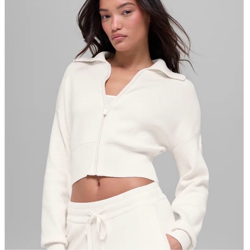 ALO Scholar Cropped Zip Up Jacket Sweater Cream